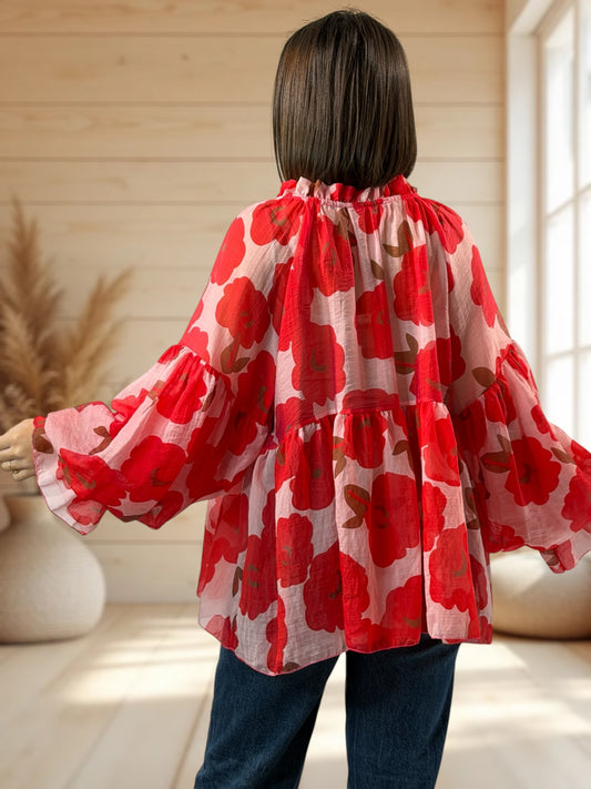 BARBARA - BLOUSE ROUGE A FLEUR JUSQU'A LA TAILLE 50