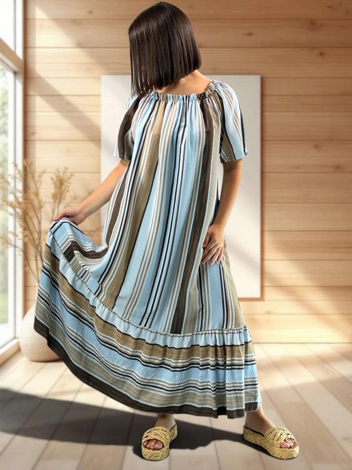 OLIVIA - ROBE LONGUE A RAYURE BLEU CIEL JUSQU'A LA TAILLE 52