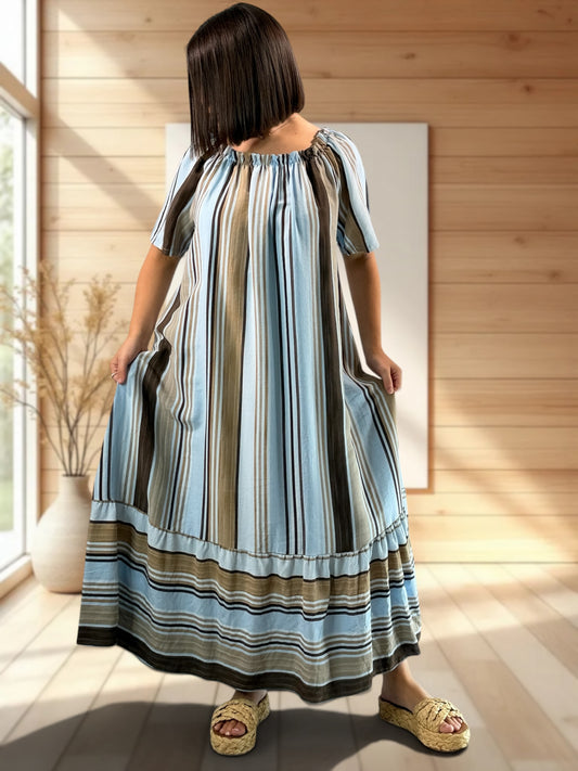 OLIVIA - ROBE LONGUE A RAYURE BLEU CIEL JUSQU'A LA TAILLE 52