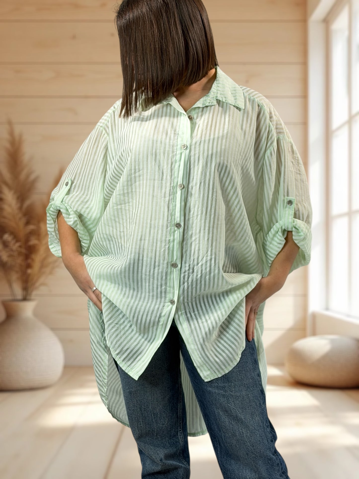 COLINE - CHEMISE OVERSIZE VERT ANIS A RAYURE JUSQU'A LA TAILLE 60