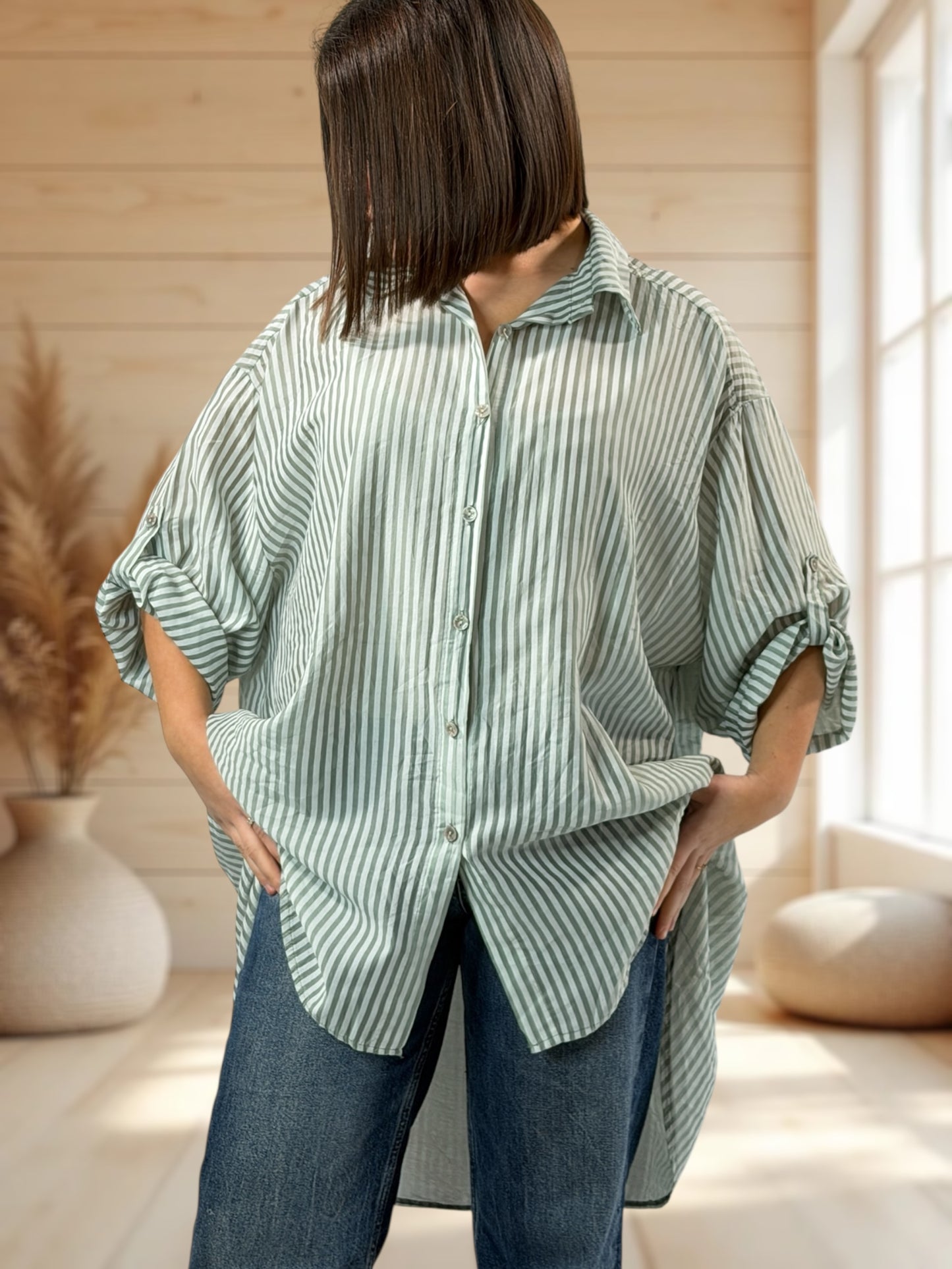 COLINE - CHEMISE OVERSIZE KAKI A RAYURE JUSQU'A LA TAILLE 60