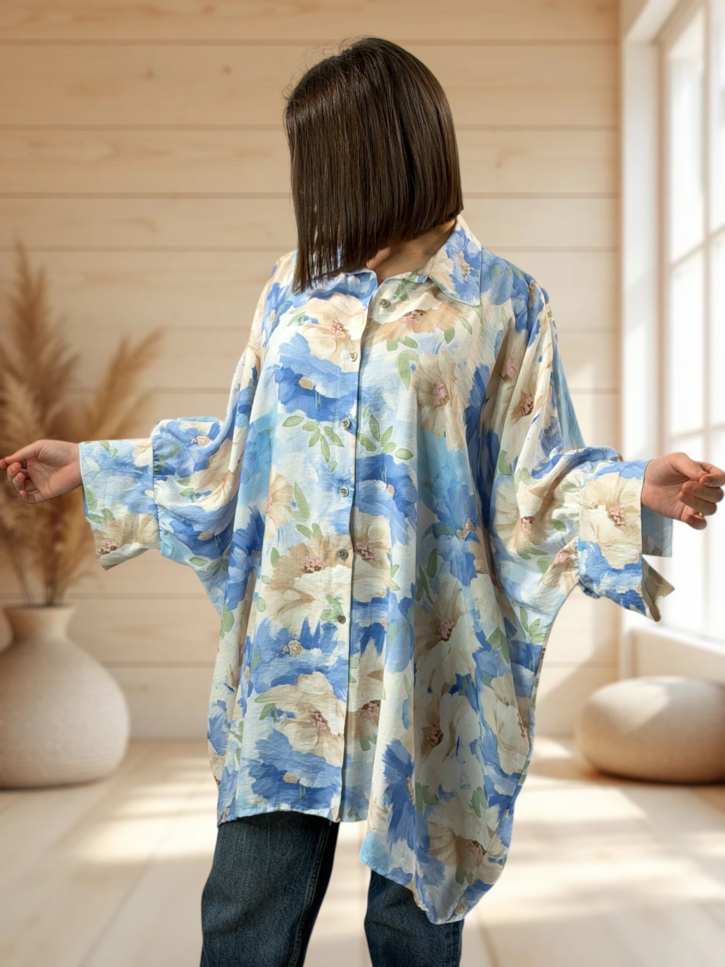 EMILIE - TUNIQUE OVERSIZE BLEUE A MOTIF JUSQU'A LA TAILLE 60