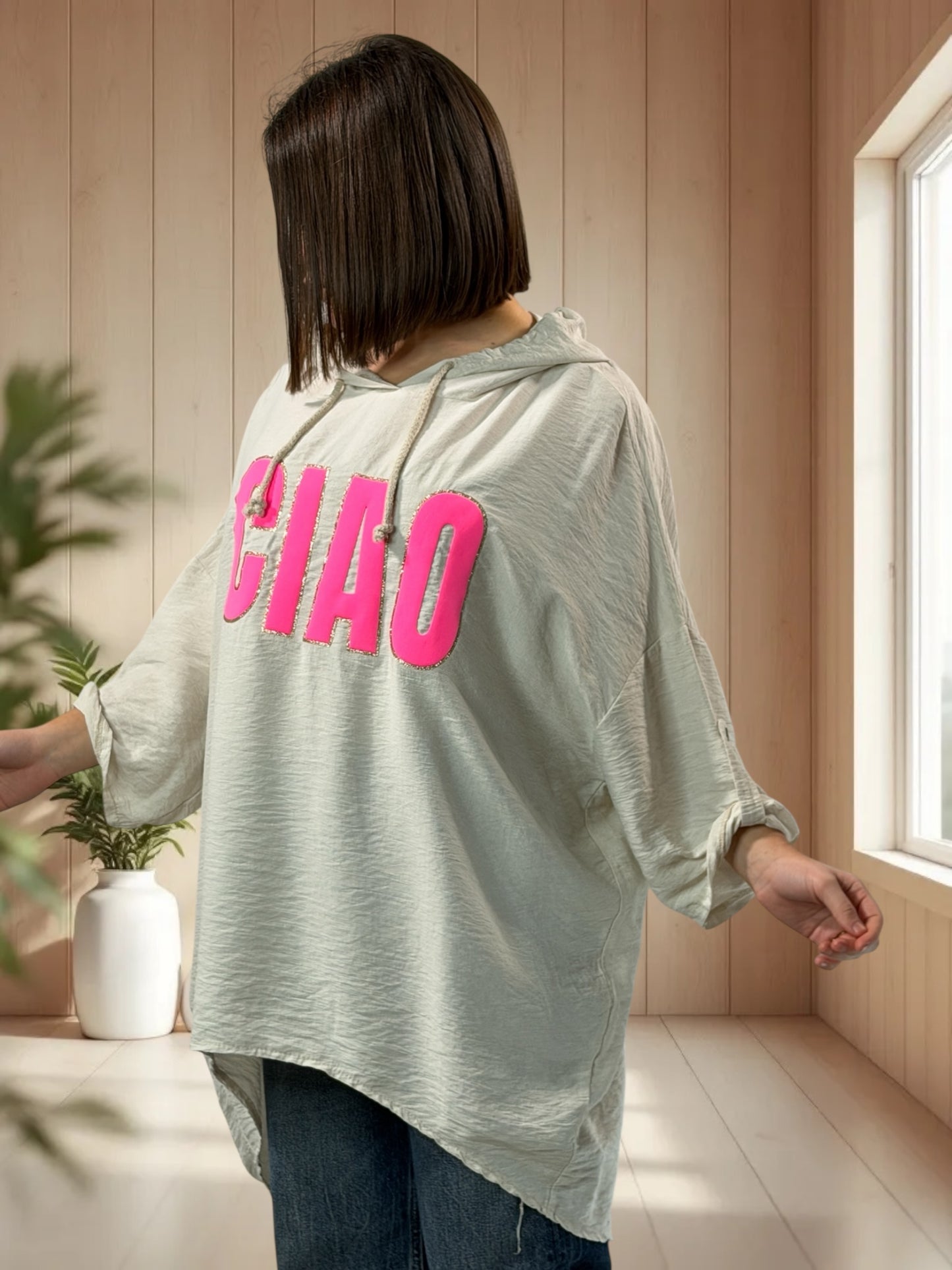 SALOME - TUNIQUE OVERSIZE BEIGE A CAPUCHE JUSQU'A LA TAILLE 60