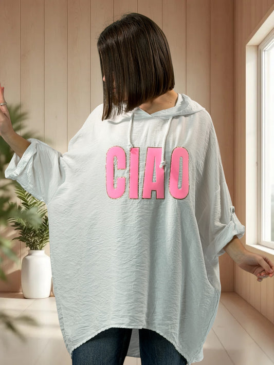 SALOME - TUNIQUE OVERSIZE BLANCHE A CAPUCHE JUSQU'A LA TAILLE 60