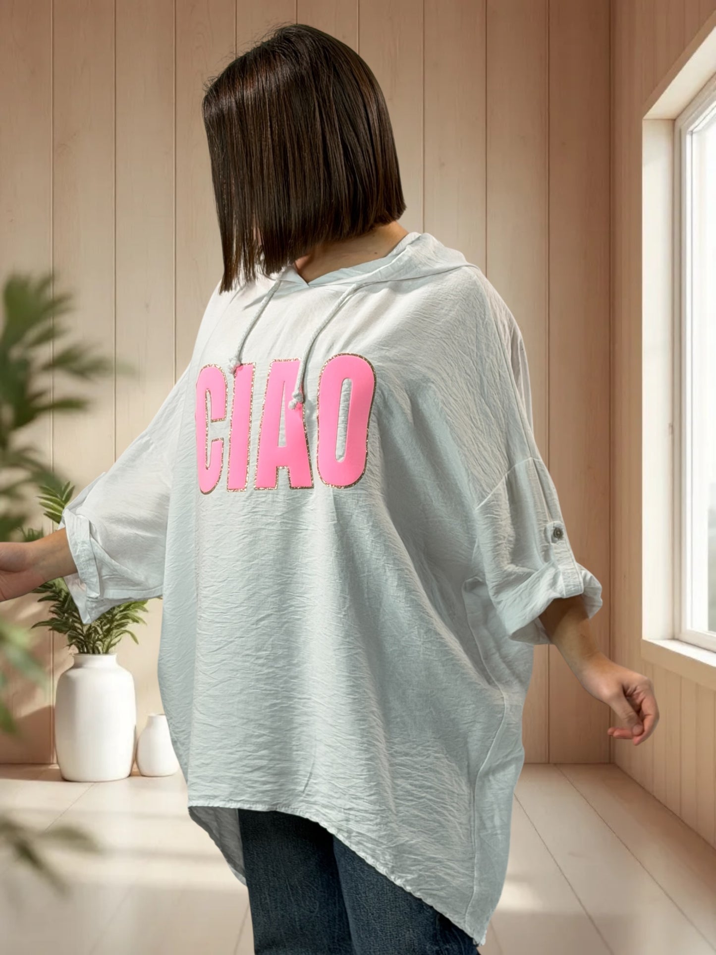 SALOME - TUNIQUE OVERSIZE BLANCHE A CAPUCHE JUSQU'A LA TAILLE 60