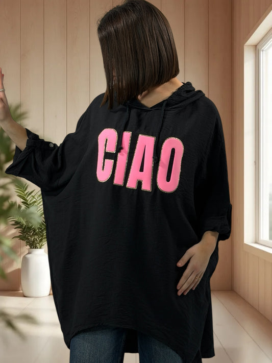 SALOME - TUNIQUE OVERSIZE NOIRE A CAPUCHE JUSQU'A LA TAILLE 60