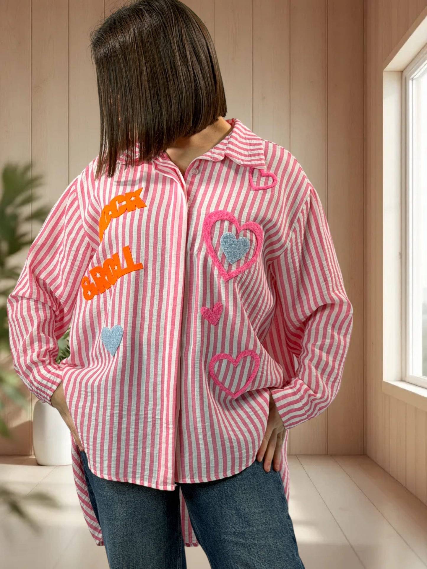 SOPHIE - CHEMISE OVERSIZE A RAYURE ROSE JUSQU'A LA TAILLE 50