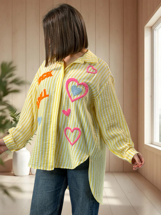 SOPHIE - CHEMISE OVERSIZE A RAYURE JAUNE JUSQU'A LA TAILLE 50