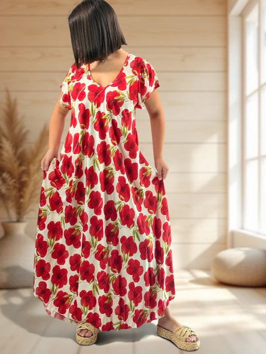 JULIE - ROBE LONGUE FLUIDE A FLEUR JUSQU'A LA TAILLE 48