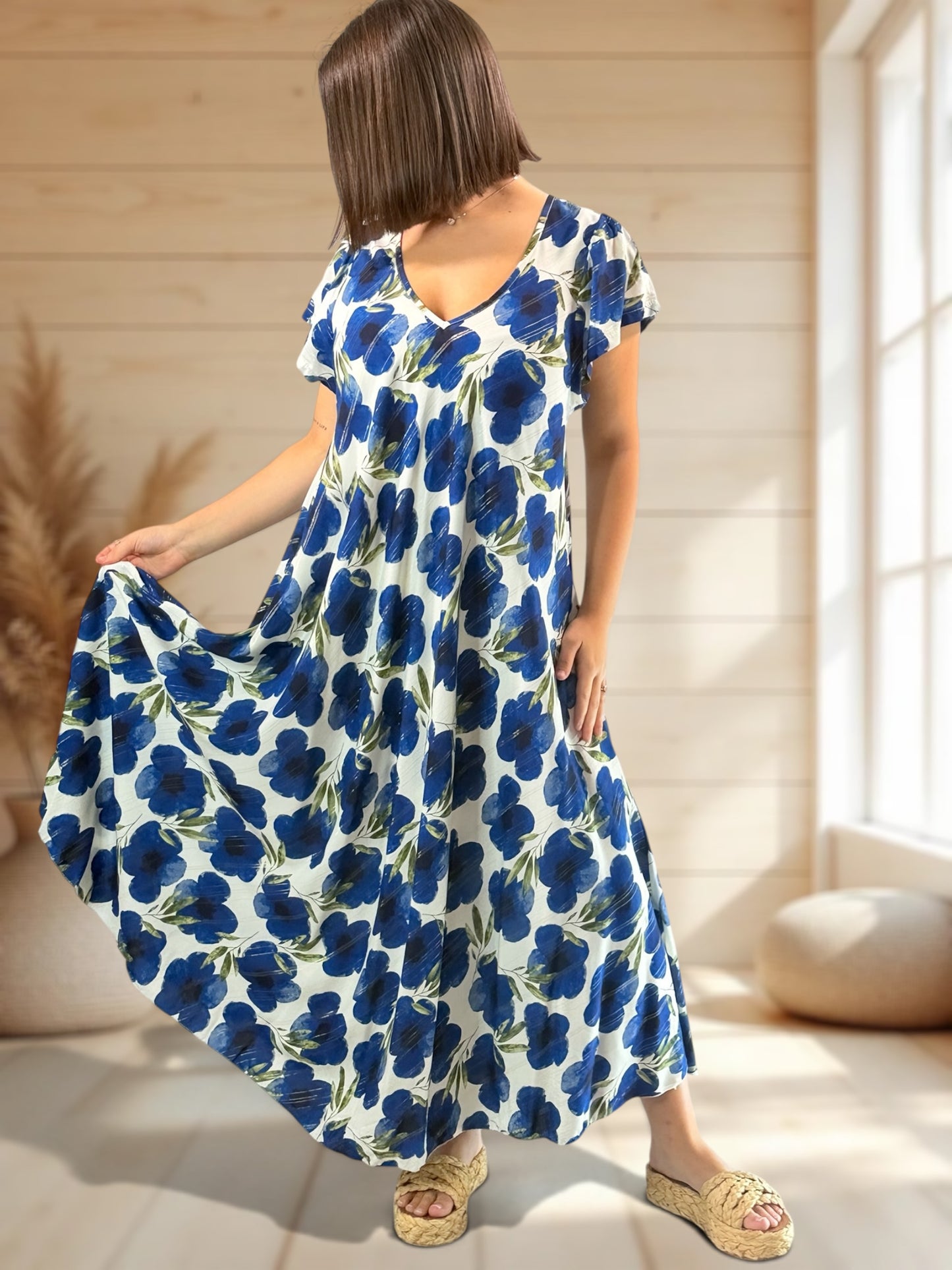 JULIE - ROBE LONGUE FLUIDE A FLEUR JUSQU'A LA TAILLE 48