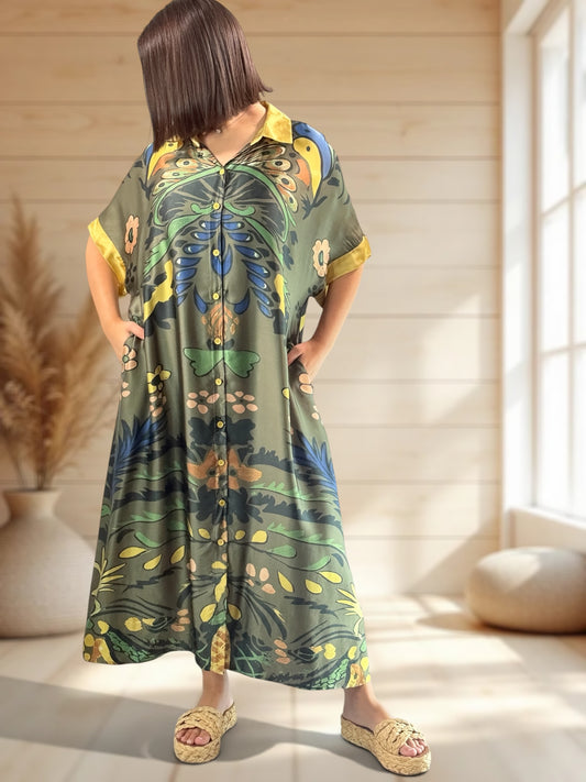 MARGOT - ROBE SOYEUSE KAKI A MOTIF JUSQU'A LA TAILLE 50