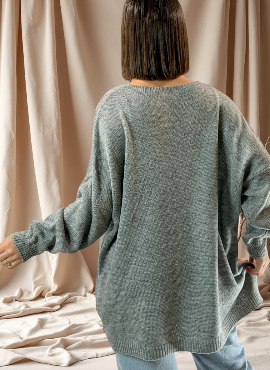MOLLY - PULL OVERSIZE GRIS AVEC PERLE ET STRASS JUSQU'A LA TAILLE 54