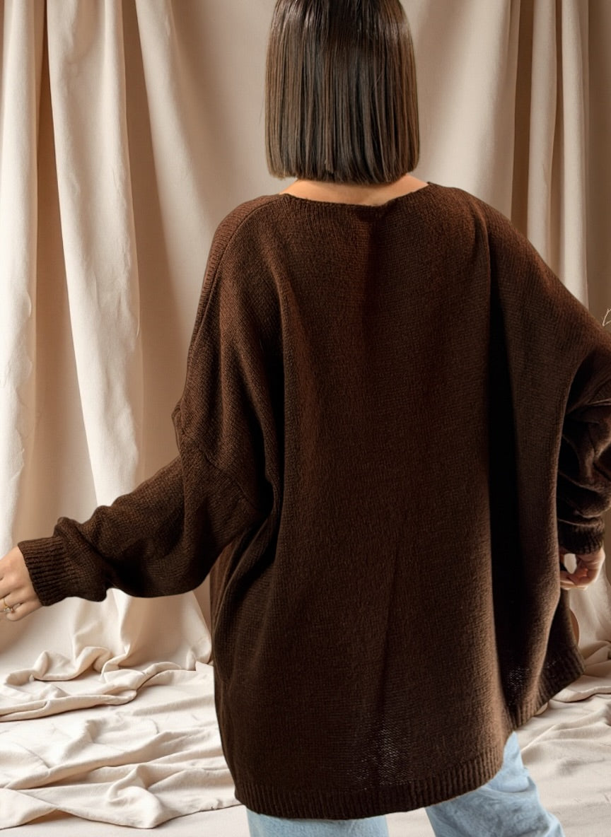 MOLLY - PULL OVERSIZE MARRON AVEC PERLE ET STRASS JUSQU'A LA TAILLE 54