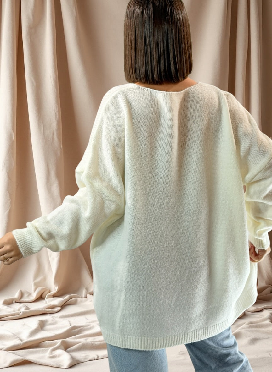 MOLLY - PULL OVERSIZE BLANC CASSE AVEC PERLE ET STRASS JUSQU'A LA TAILLE 54