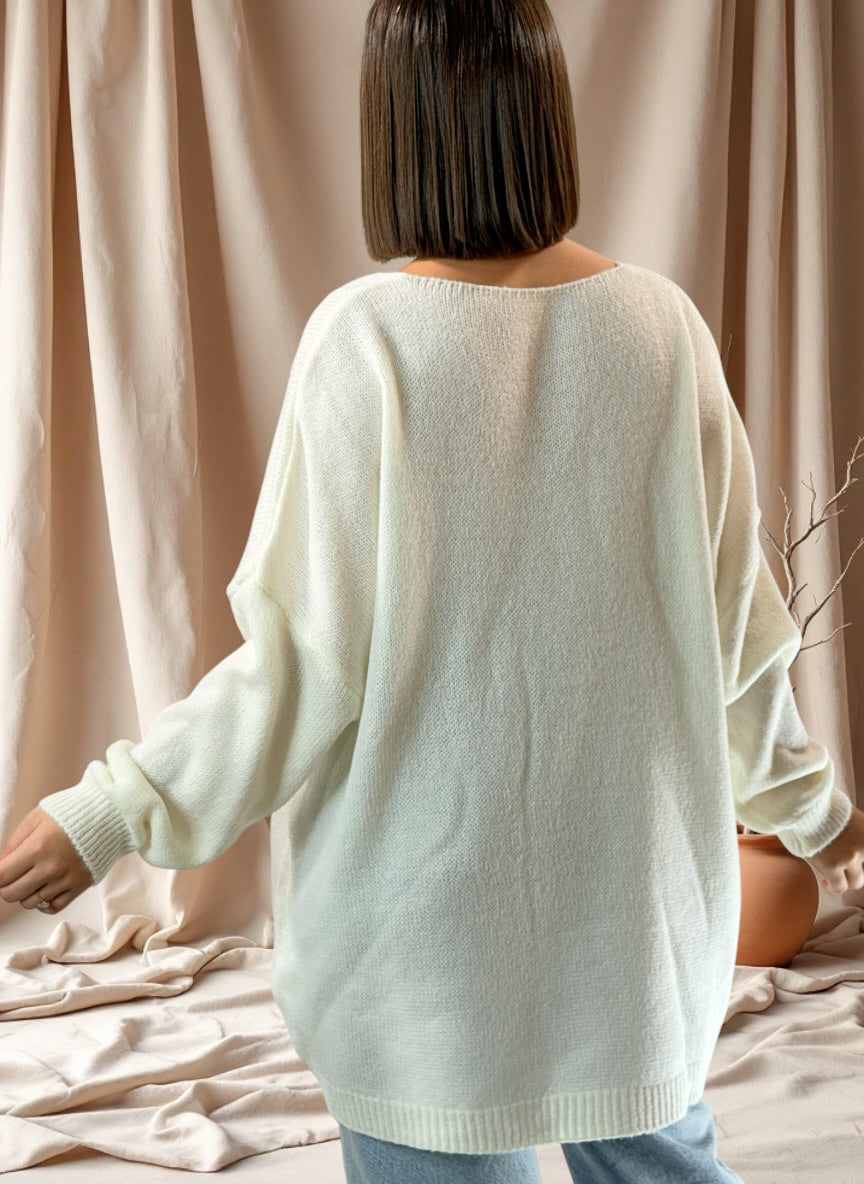 ROSITA - PULL OVERSIZE BLANC CASSE AVEC PERLE ET STRASS JUSQU'A LA TAILLE 54
