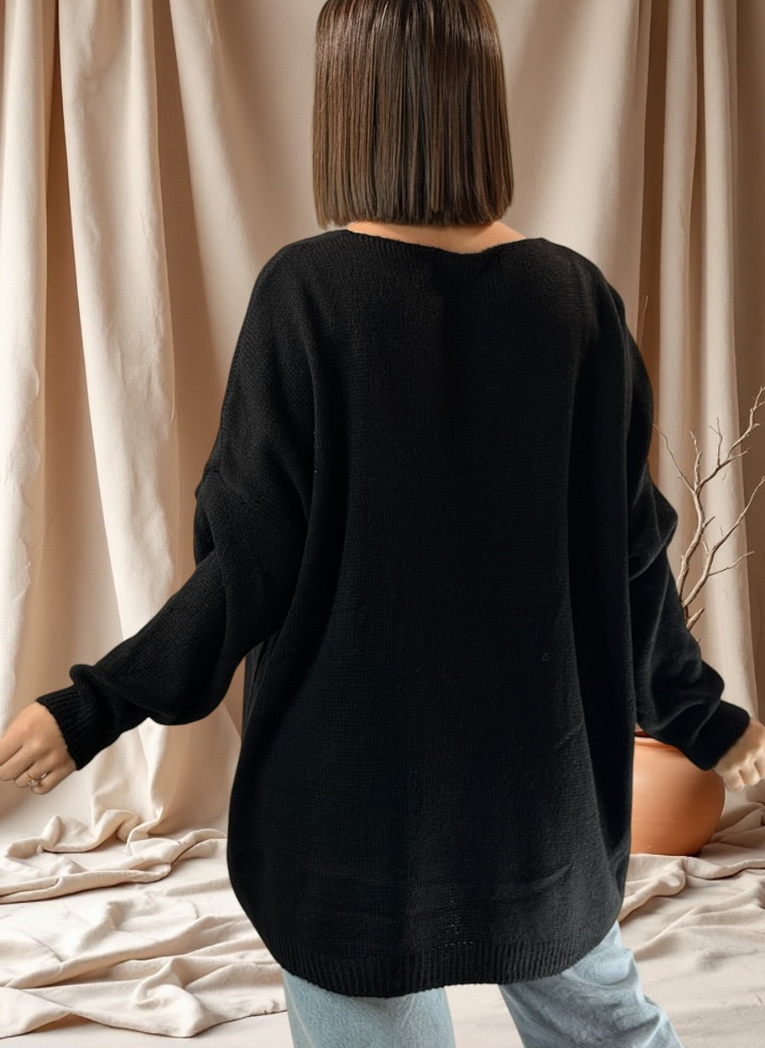 ROSITA - PULL OVERSIZE NOIR AVEC PERLE ET STRASS JUSQU'A LA TAILLE 54