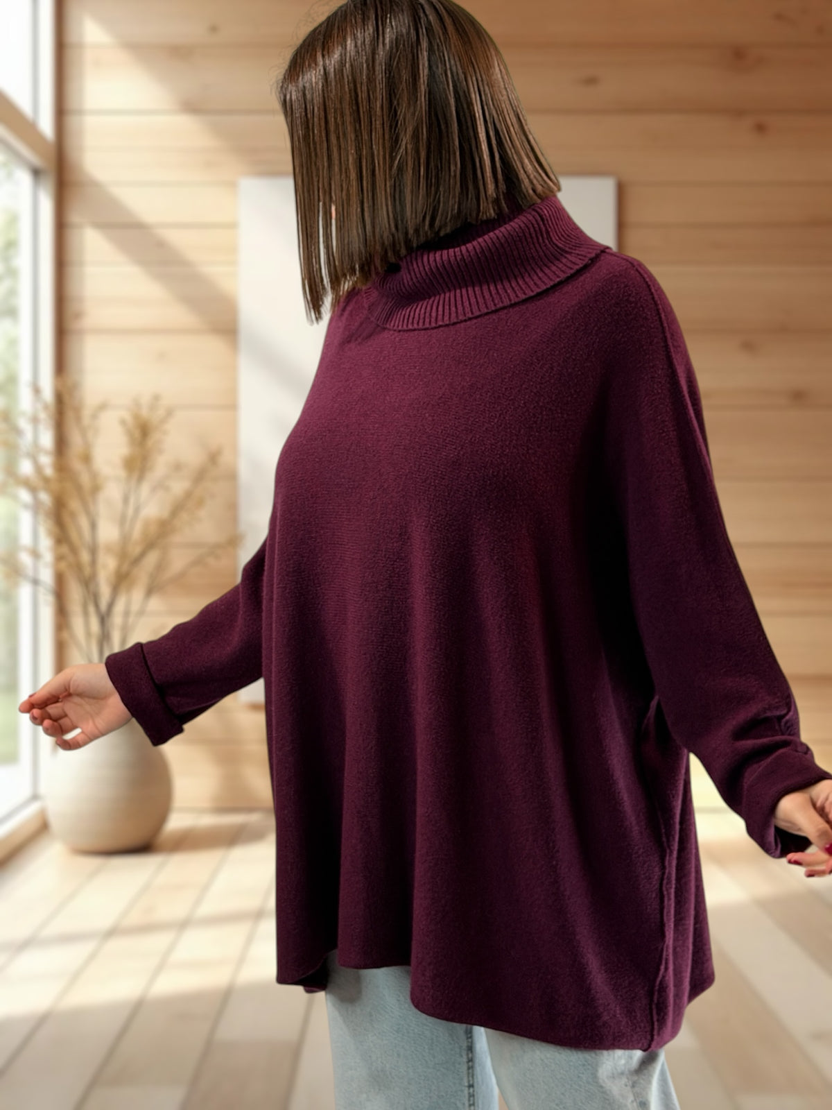 LUCIANO - PULL OVERSIZE COL ROULE RAISIN JUSQU'A LA TAILLE 56/58