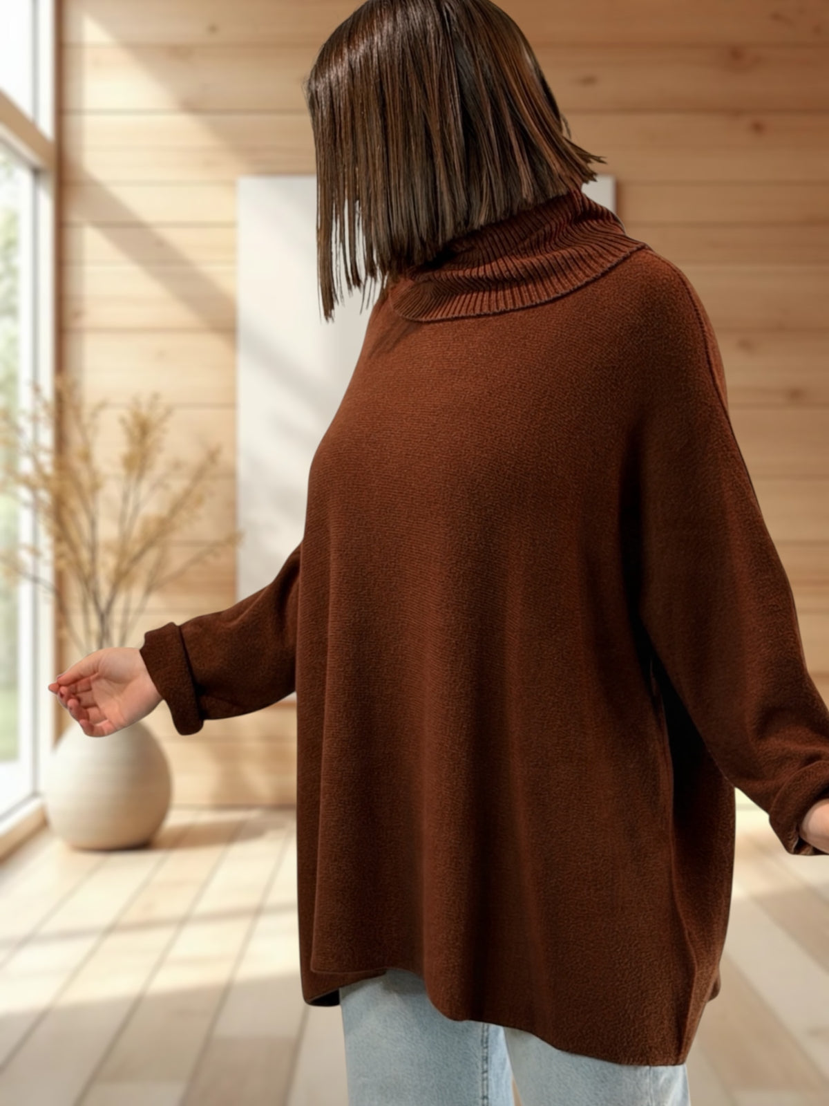 LUCIANO - PULL OVESIZE CO ROULE MARRON JUSQU'A LA TAILLE 56/58