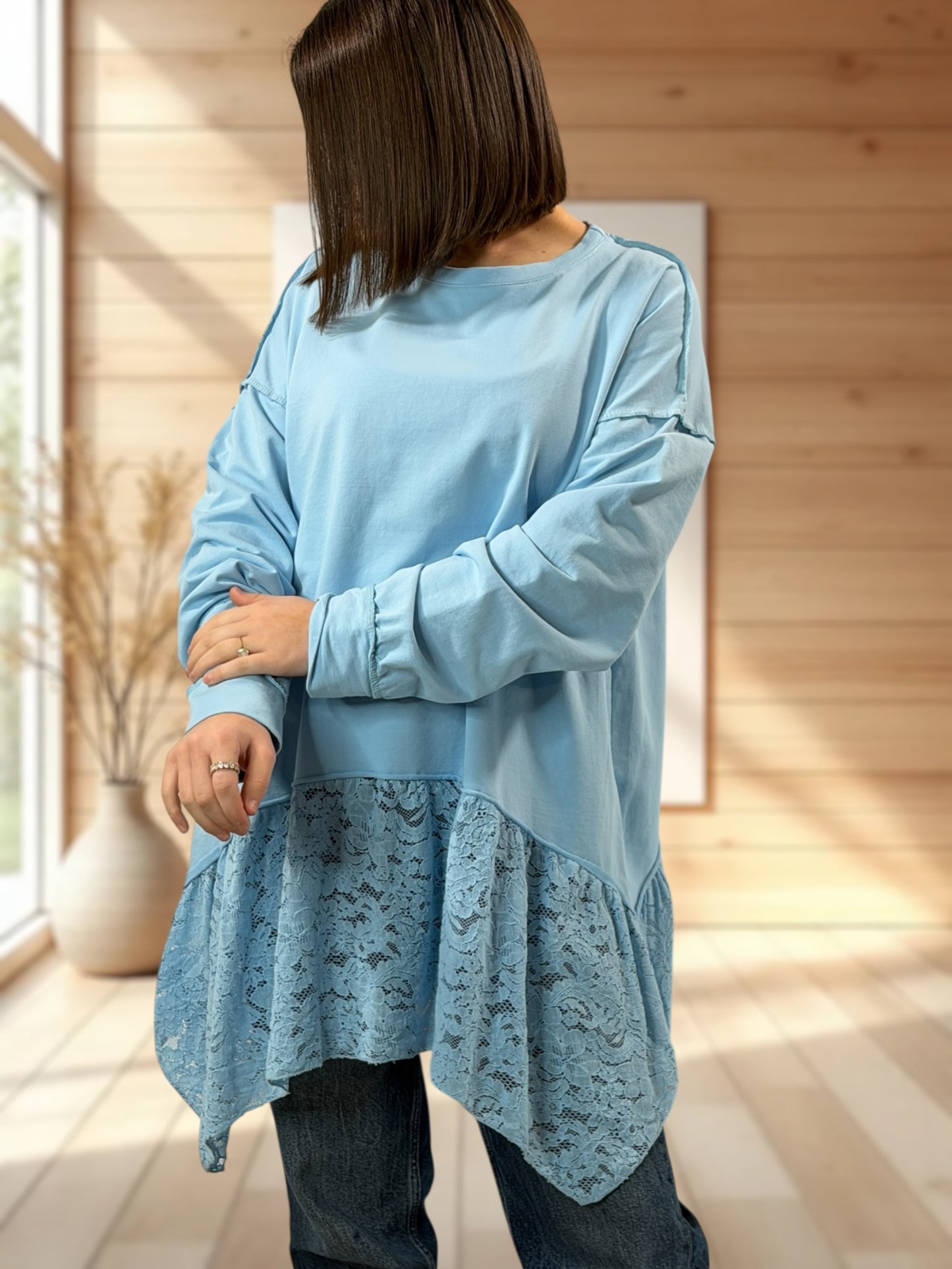 SOLENE - TUNIQUE BLEU CIEL EN COTON AVEC DENTELLE JUSQU'A LA TAILLE 52