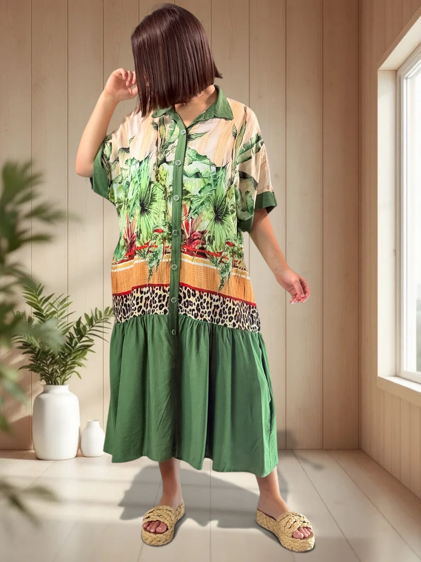 SAUVANE - ROBE MOTIF VERT JUSQU'A LA TAILLE 48