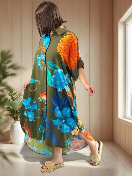 ELIXIR - ROBE OVERSIZE KAKI A FLEUR JUSQU'A LA TAILLE 54/56