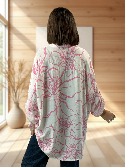 LILOU - CHEMISE OVERSIZE MOTIF ROSE JUSQU'A LA TAILLE 50/52