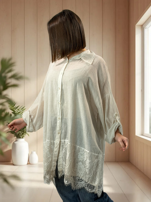 FANNY - CHEMISE OVERSIZE BEIGE AVEC DENTELLE JUSQU'A LA TAILLE 54