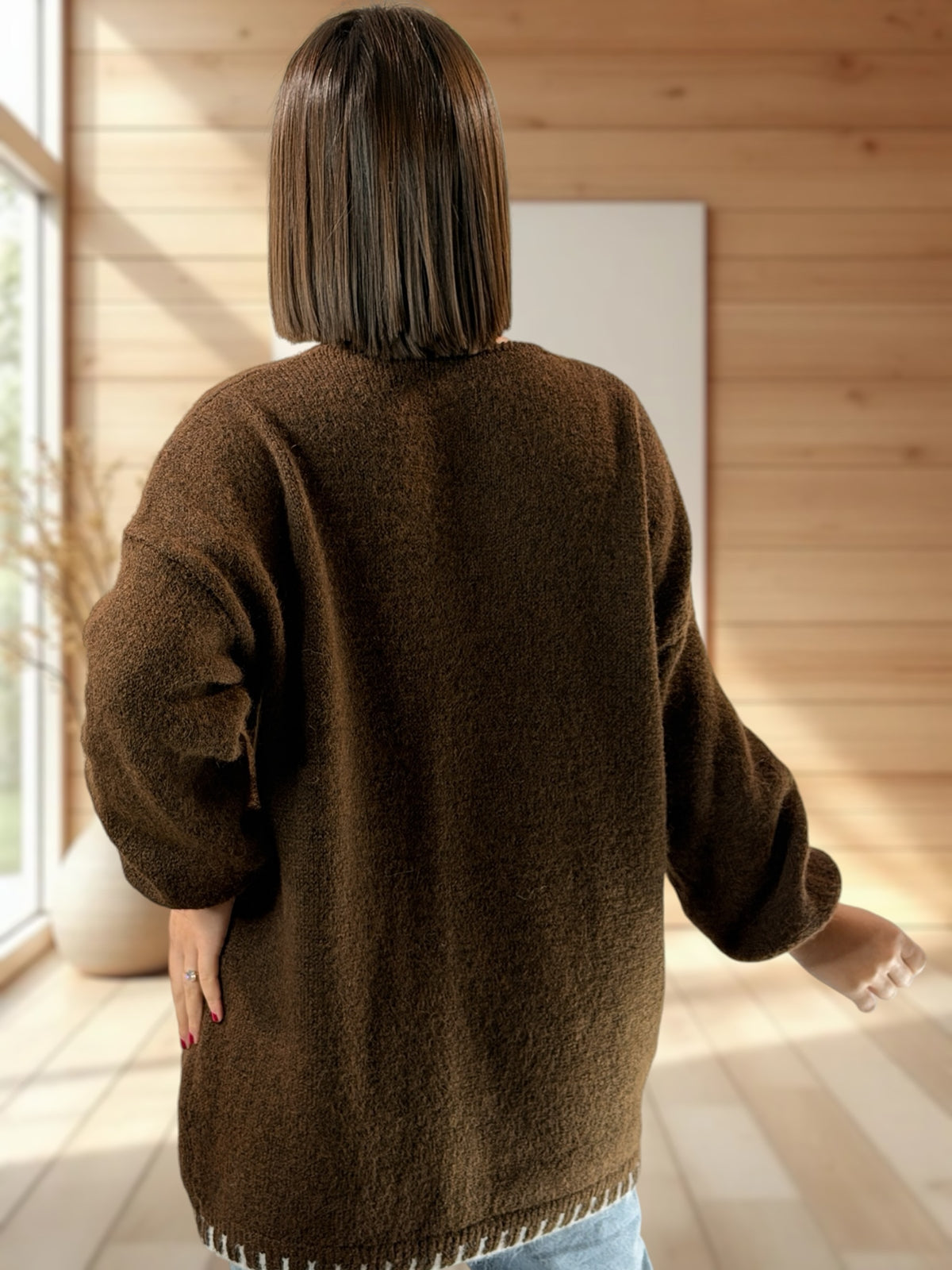 ROSALIA - PULL OVERSIZE MARRON MOTIF ETOILE JUSQU'A LA TAILLE 54