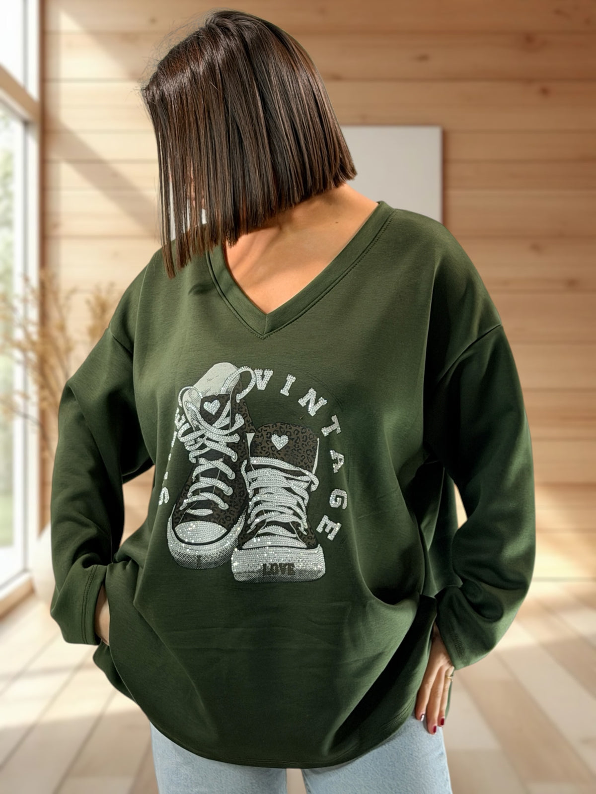 ZAZA - TOP OVERSIZE KAKI MOTIF BASKET JUSQU'A LA TAILLE 54/56
