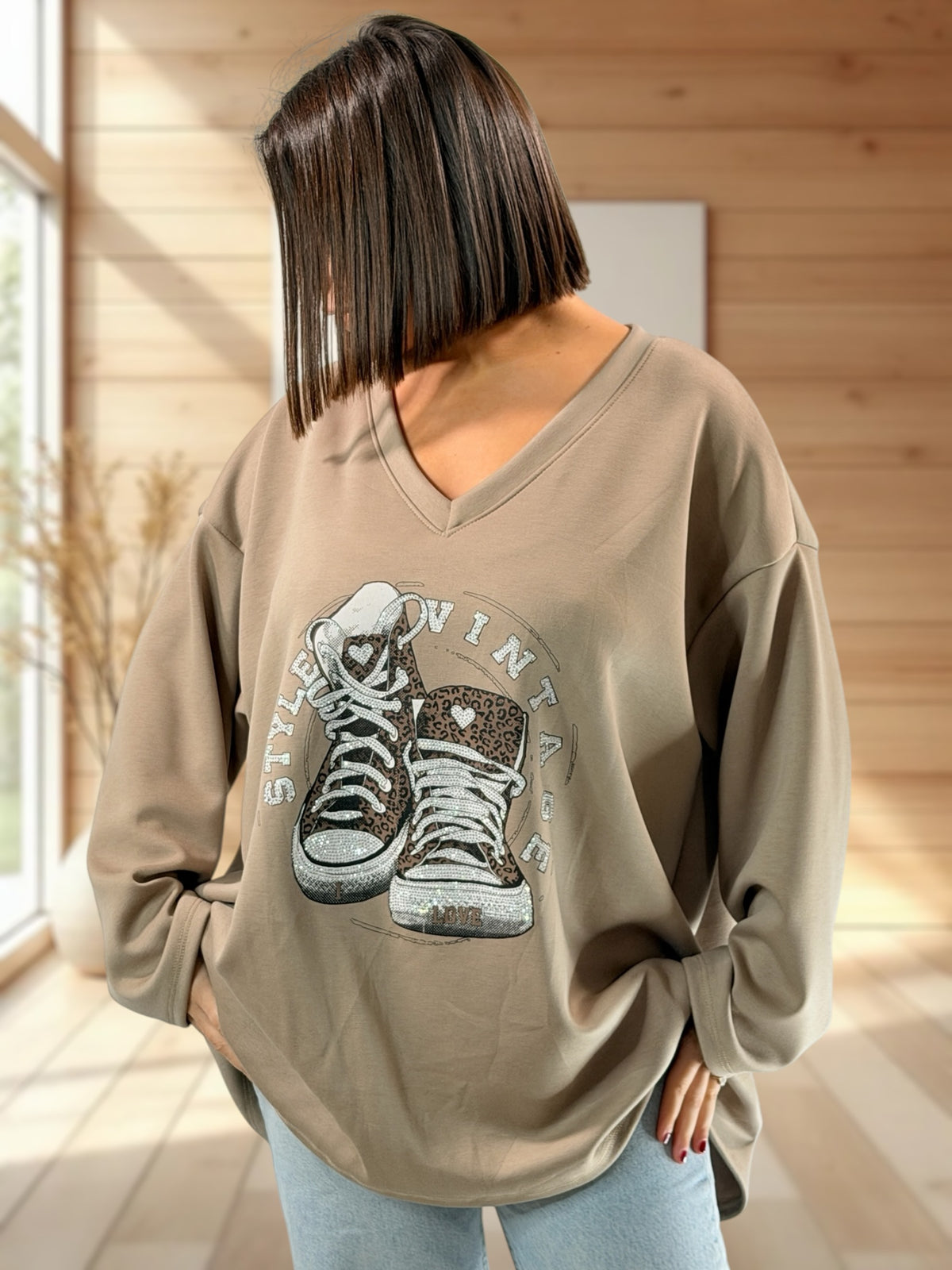 ZAZA - TOP OVERSIZE BEIGE MOTIF BASKET JUSQU'A LA TAILLE 54/56