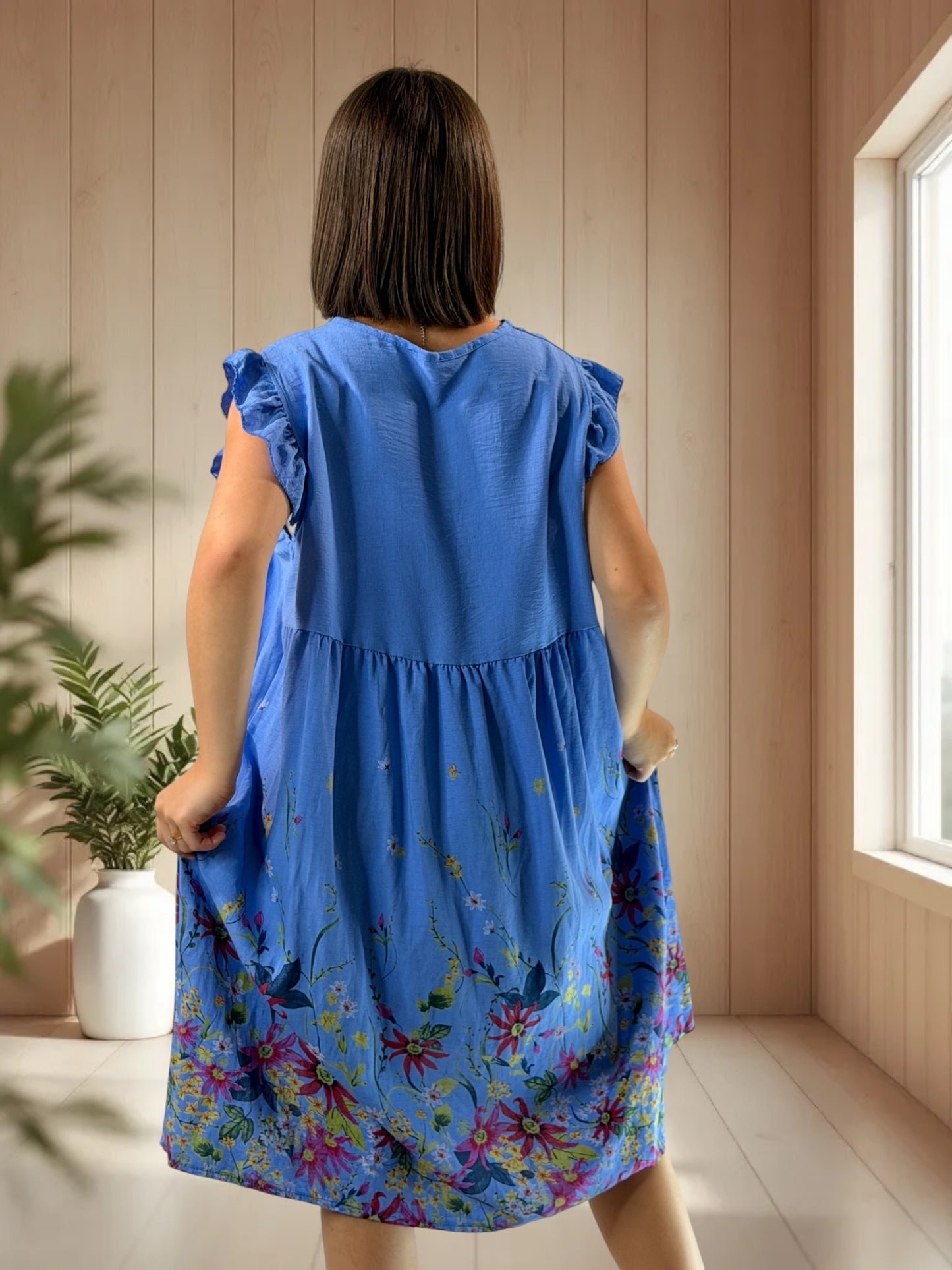 OLYMPE - ROBE BLEUE A FLEUR JUSQU'A LA TAILLE 50