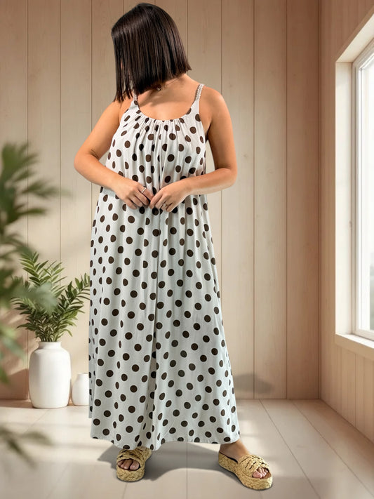 CLAUDIE - ROBE LONGUE BEIGE A POIS JUSQU'A LA TAILLE 52