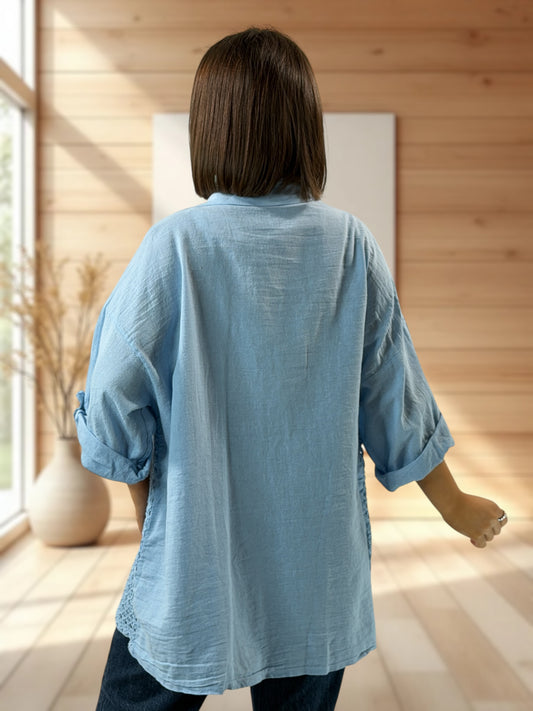 MARISOL - CHEMISE BLEUE LIN ET COTON JUSQU'A LA TAILLE 54