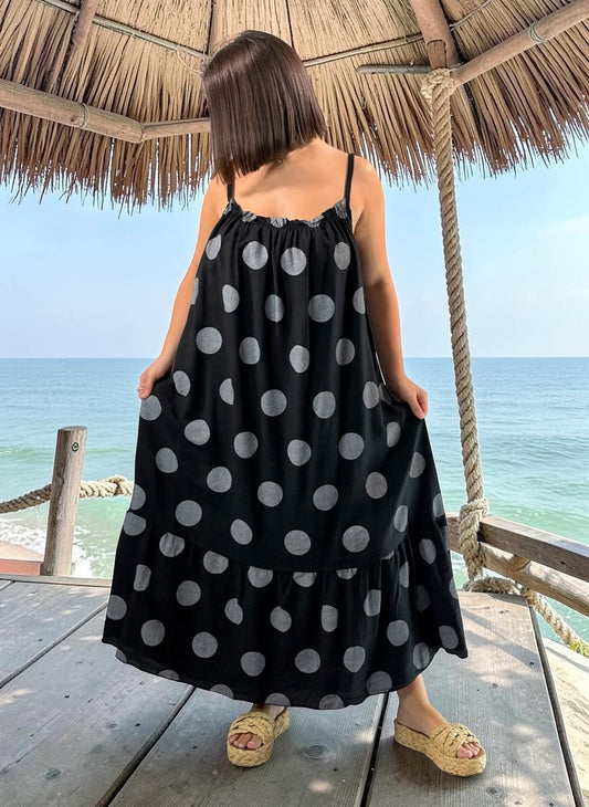 CLARENCE - ROBE LONGUE NOIRE A POIS JUSQU'A LA TAILLE 56