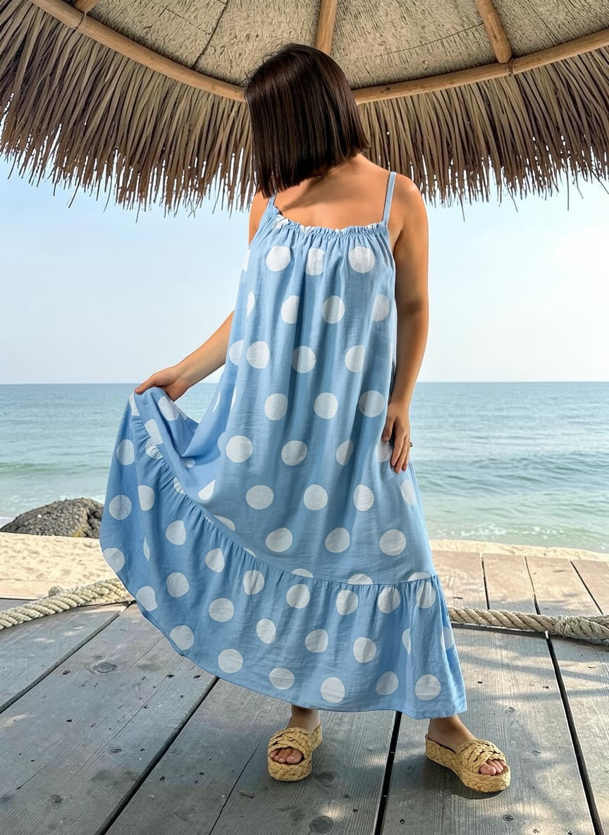 CLARENCE - ROBE LONGUE BLEU CIEL A POIS JUSQU'A LA TAILLE 56