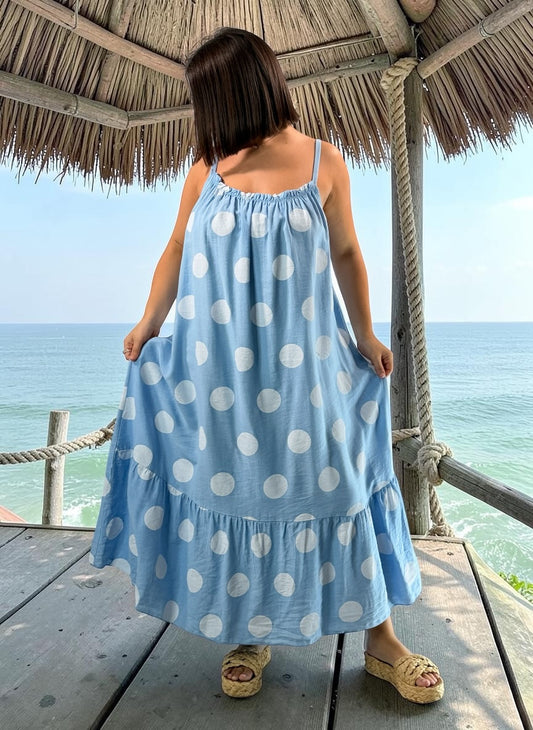 CLARENCE - ROBE LONGUE BLEU CIEL A POIS JUSQU'A LA TAILLE 56