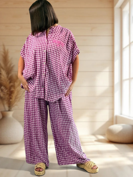 VITO - PANTALON VICHY CYCLAMEN JUSQUA LA TAILLE 52/54