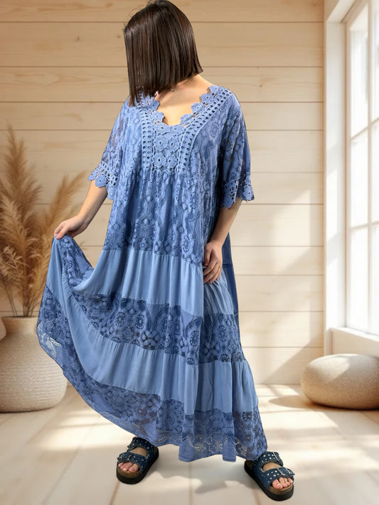 CHAMPAGNE - ROBE LONGUE BLEUE EN DENTELLE JUSQU'A LA TAILLE 54