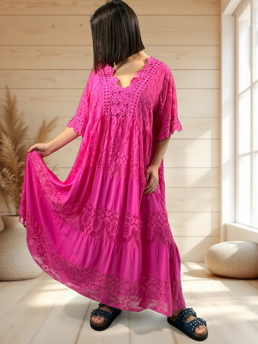 CHAMPAGNE - ROBE LONGUE FUCHSIA EN DENTELLE JUSQU'A LA TAILLE 54