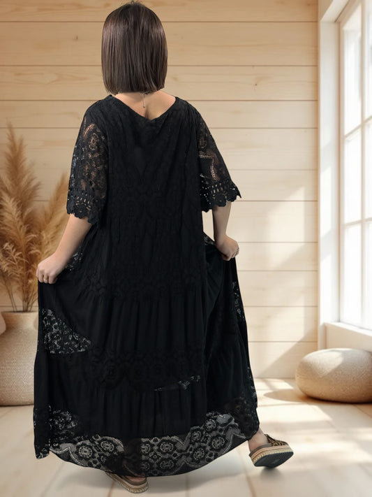 CHAMPAGNE - ROBE LONGUE NOIRE EN DENTELLE JUSQU'A LA TAILLE 54