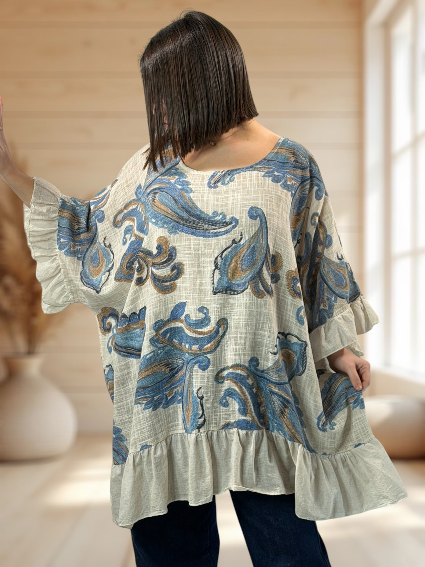 BEA - TUNIQUE OVERSIZE TAUPE A MOTIF EN COTON JUSQU'A LA TAILLE 58