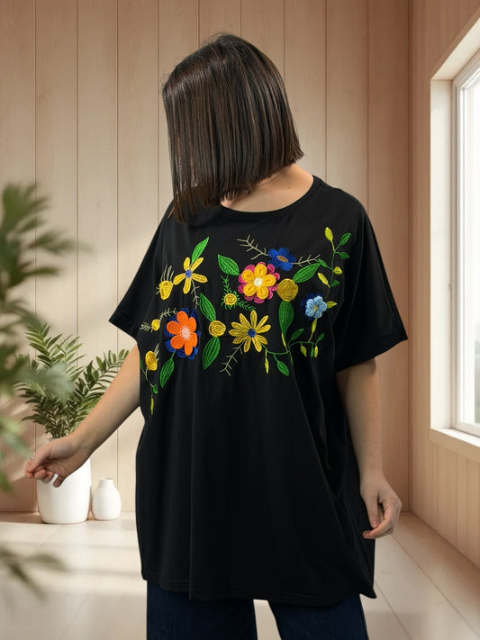 RENATO - T-SHIRT OVERSIZE NOIR MOTIF BRODE TAILLE 46/48 A 56