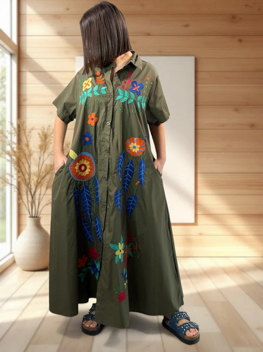 MIRABELLA - ROBE LONGUE KAKI BRODEE JUSQU'A LA TAILLE 48/50