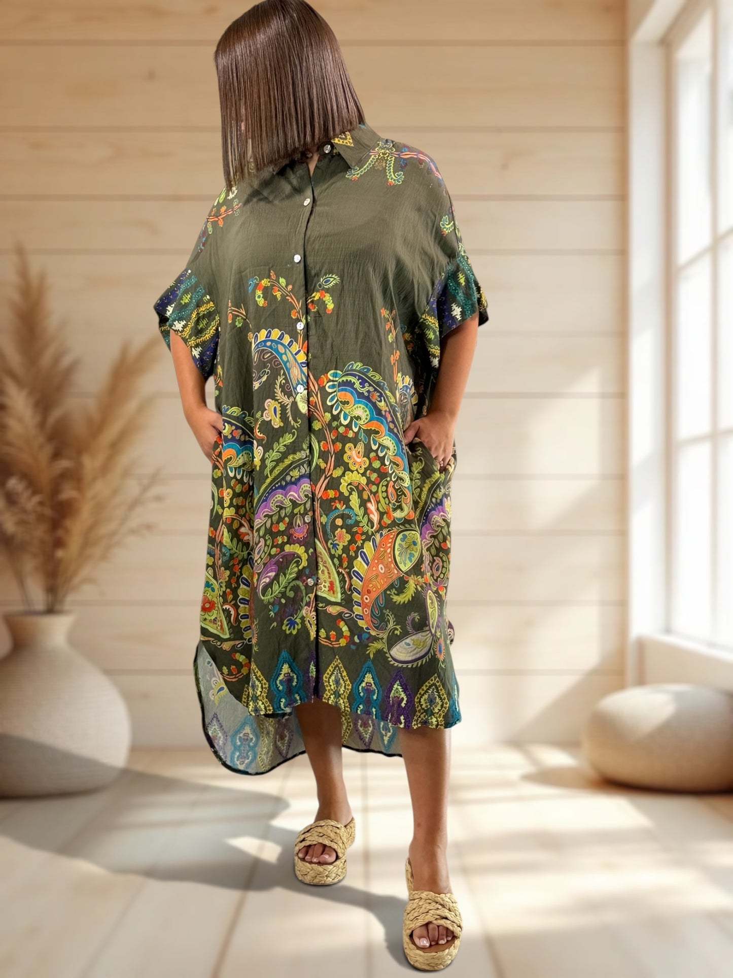 VICTORINE - ROBE OVERSIZE KAKI A MOTIF JUSQU'A LA TAILLE 54/56
