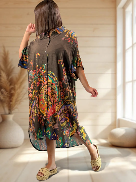 VICTORINE - ROBE OVERSIZE MARRON A MOTIF JUSQU'A LA TAILLE 54/56