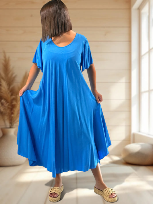 BABETH - ROBE FLUIDE BLEUE JUSQU'A LA TAILLE 54