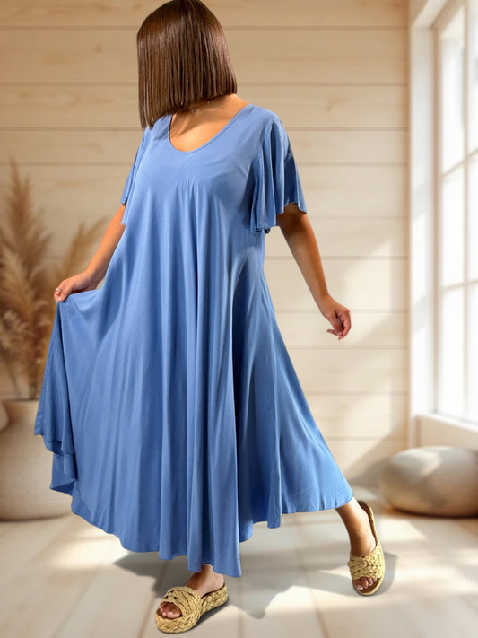 BABETH - ROBE FLUIDE BLEUE JUSQU'A LA TAILLE 54