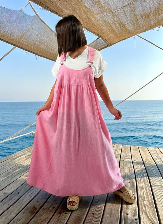 ANNALISA - ROBE TABLIER ROSE JUSQU'A LA TAILLE 50/52