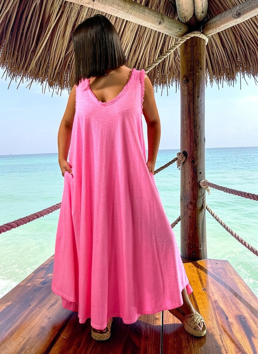 MARISOL - ROBE AMPLE FUCHSIA EN COTON JUSQU'A LA TAILLE 54