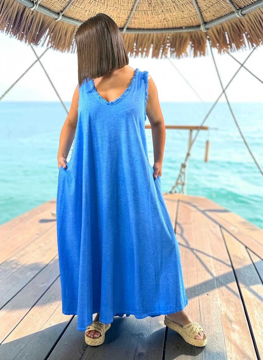 MARISOL - ROBE AMPLE BLEUE EN COTON JUSQU'A LA TAILLE 54